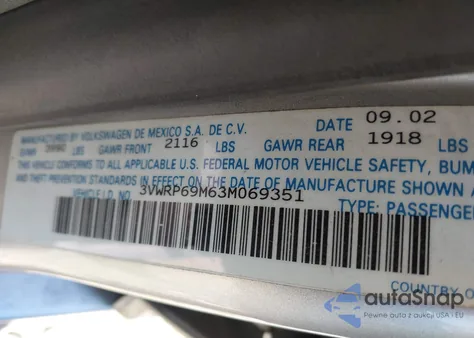 2003 Volkswagen Jetta Gl Tdi из США, поврежденный, VIN 3VWRP69M63M069351